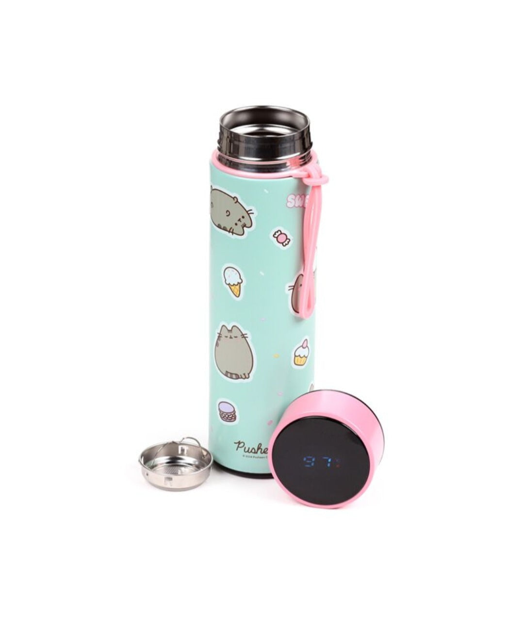 Pusheen the cat drinks bottle digital thermometer