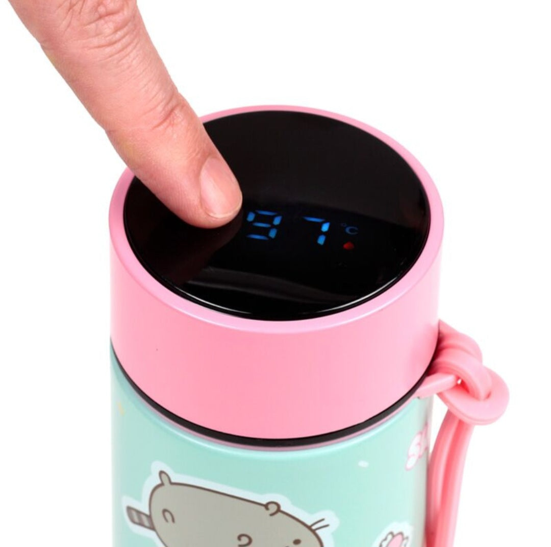 Pusheen the cat drinks bottle digital thermometer